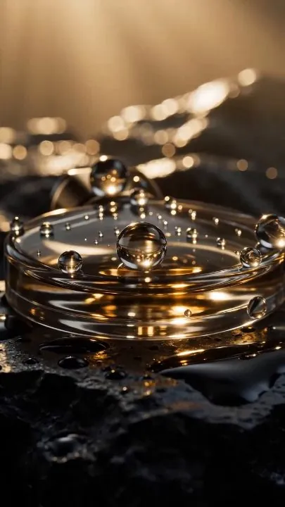 Cinematic texture video ad: drops of liquid on glass under warm light