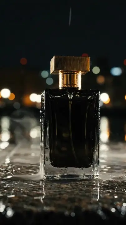 Product hero video ad: a dark perfume bottle on a wet street at night, city lights blurred behind