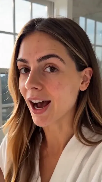 Talking-head UGC-style video ad: an AI presenter speaking to camera in a bright bathroom